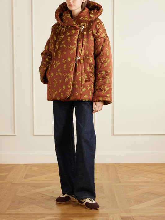 Image of Coats & Jackets. Product name - Hooded Padded Floral-jacquard Jacket in Bronze colour by brand - Dries Van Noten