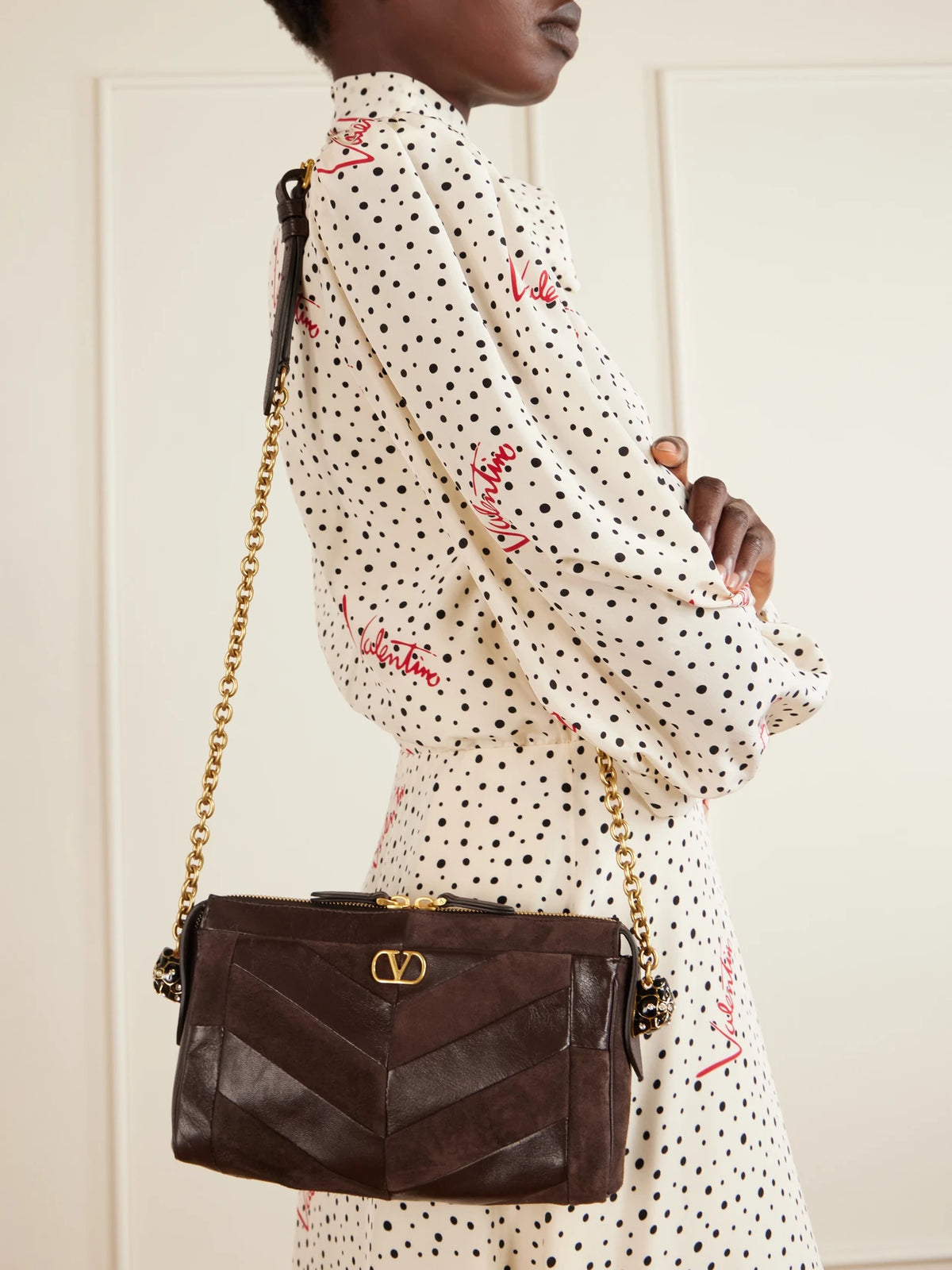 Image of Bags. Product name - Panthea Small Patchwork Leather And Suede Shoulder Bag in Chocolate colour by brand - Valentino Garavani