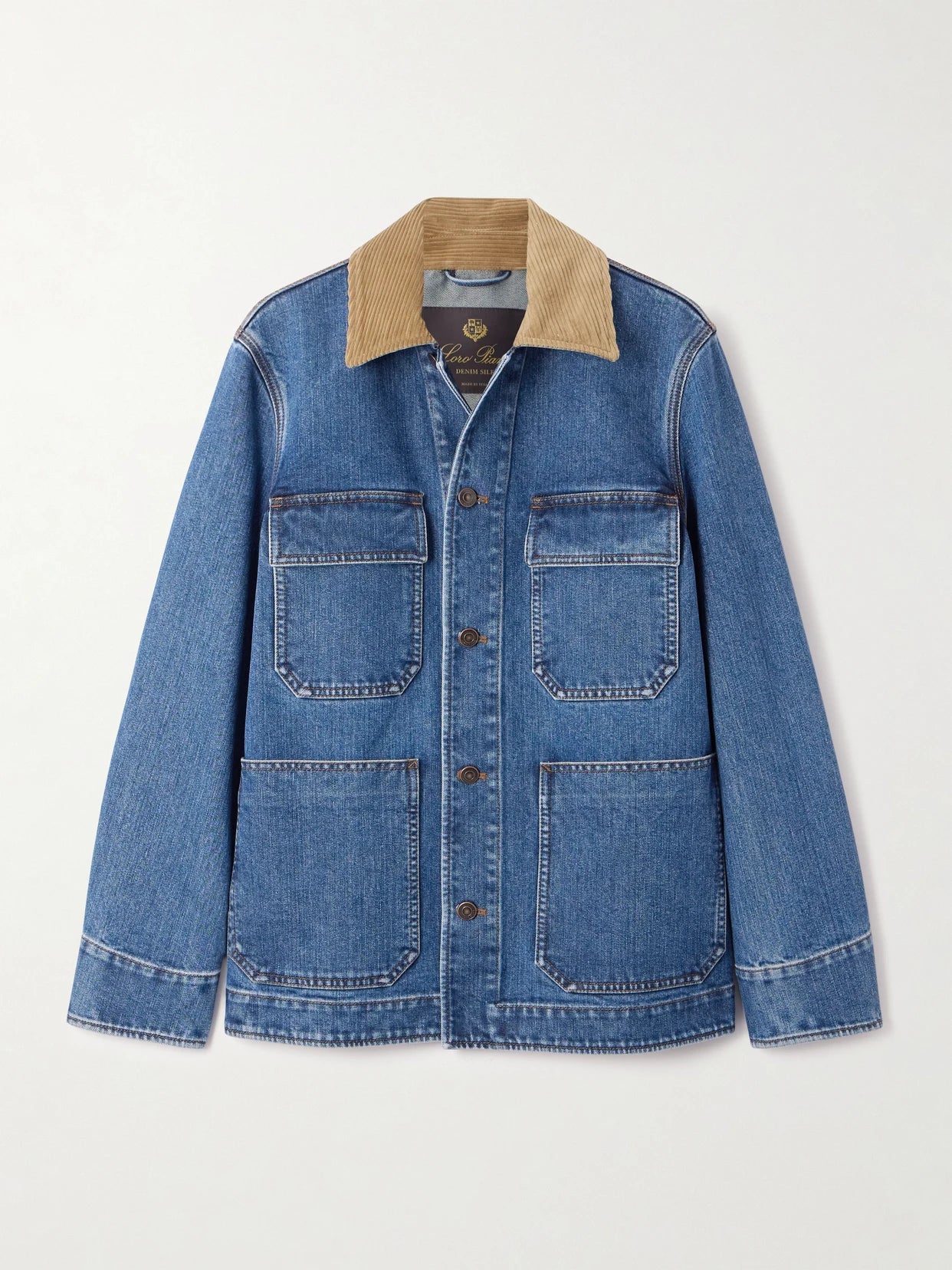 Image of Coats & Jackets. Product name - Dean Corduroy-trimmed Denim Jacket in Dark denim colour by brand - Loro Piana