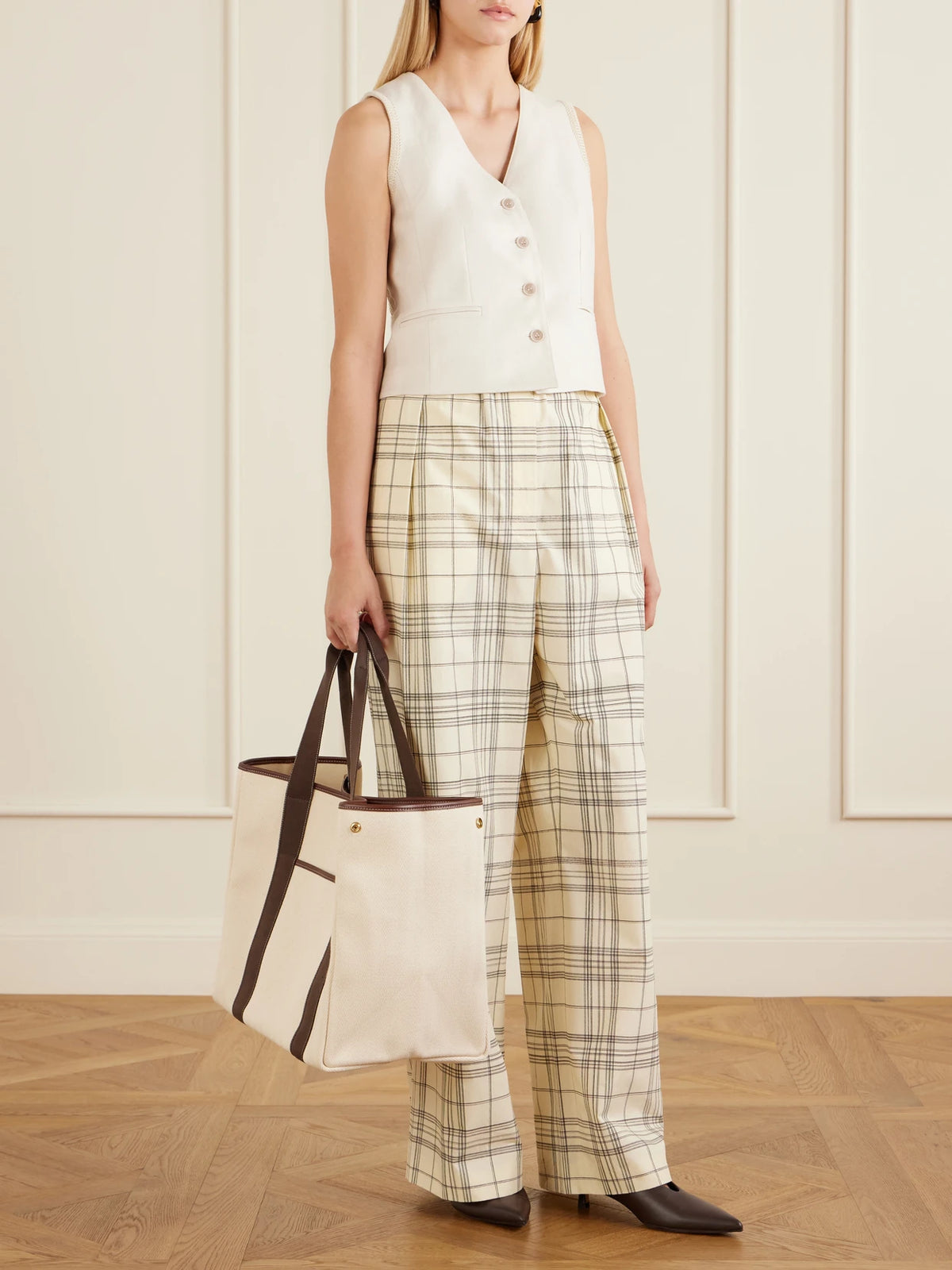 Image of Bags. Product name - Traversée Large Leather And Webbing-trimmed Canvas Tote in Cream colour by brand - RUE de VERNEUIL