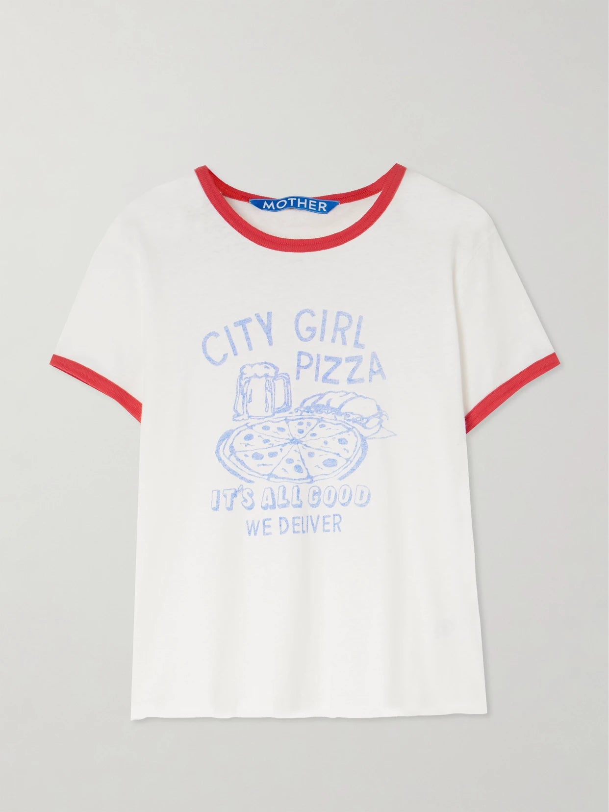 Image of a model wearing Tops. Product name - The Lil Goodie Printed Cotton-blend Jersey T-shirt in White colour by brand - Mother