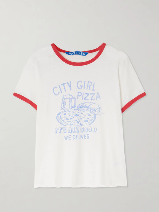 Image of a model wearing Tops. Product name - The Lil Goodie Printed Cotton-blend Jersey T-shirt in White colour by brand - Mother