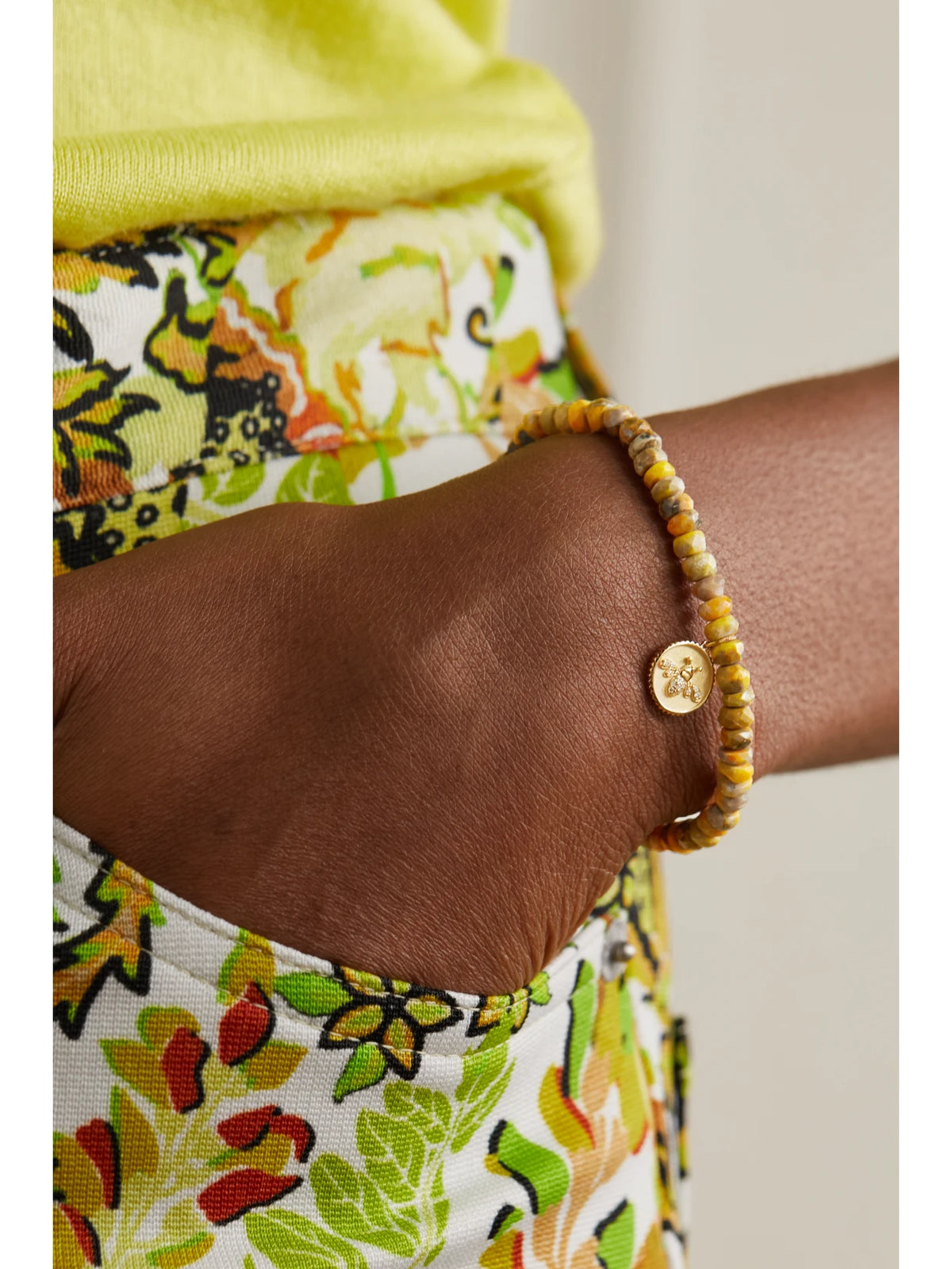 Image of Bracelets. Product name - Tiny Bee 14-karat Gold, Jasper And Diamond Bracelet in Mustard colour by brand - Sydney Evan