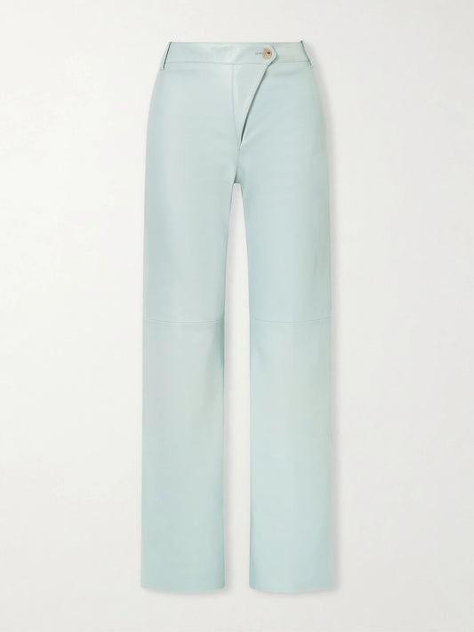 Image of a model wearing Pants. Product name - High-rise Paneled Leather Straight-leg Pants in Light blue colour by brand - Chloé