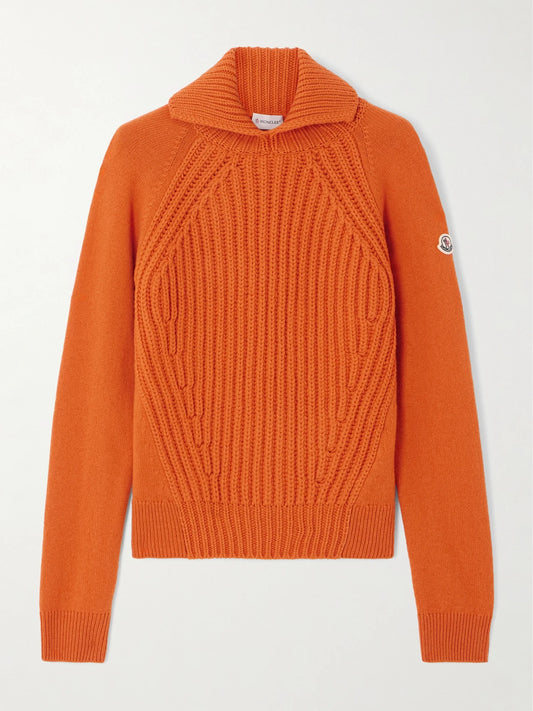 Image of a model wearing Outerwear. Product name - Ribbed Wool And Cashmere-blend Turtleneck Polo Sweater in Orange colour by brand - Moncler