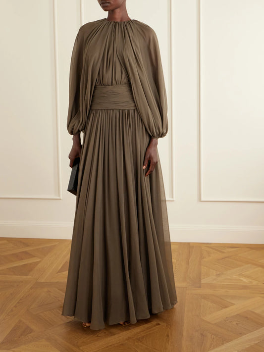 Image of Dresses. Product name - Draped Silk-chiffon Gown in Gray colour by brand - Oscar de la Renta