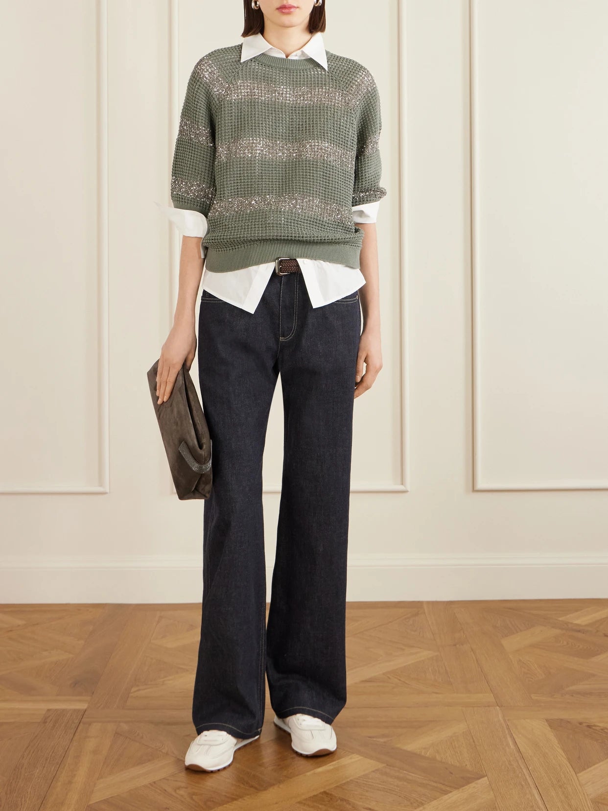 Image of a model wearing Outerwear. Product name - Sequin-embellished Striped Open-knit Cotton Sweater in Army green colour by brand - Brunello Cucinelli