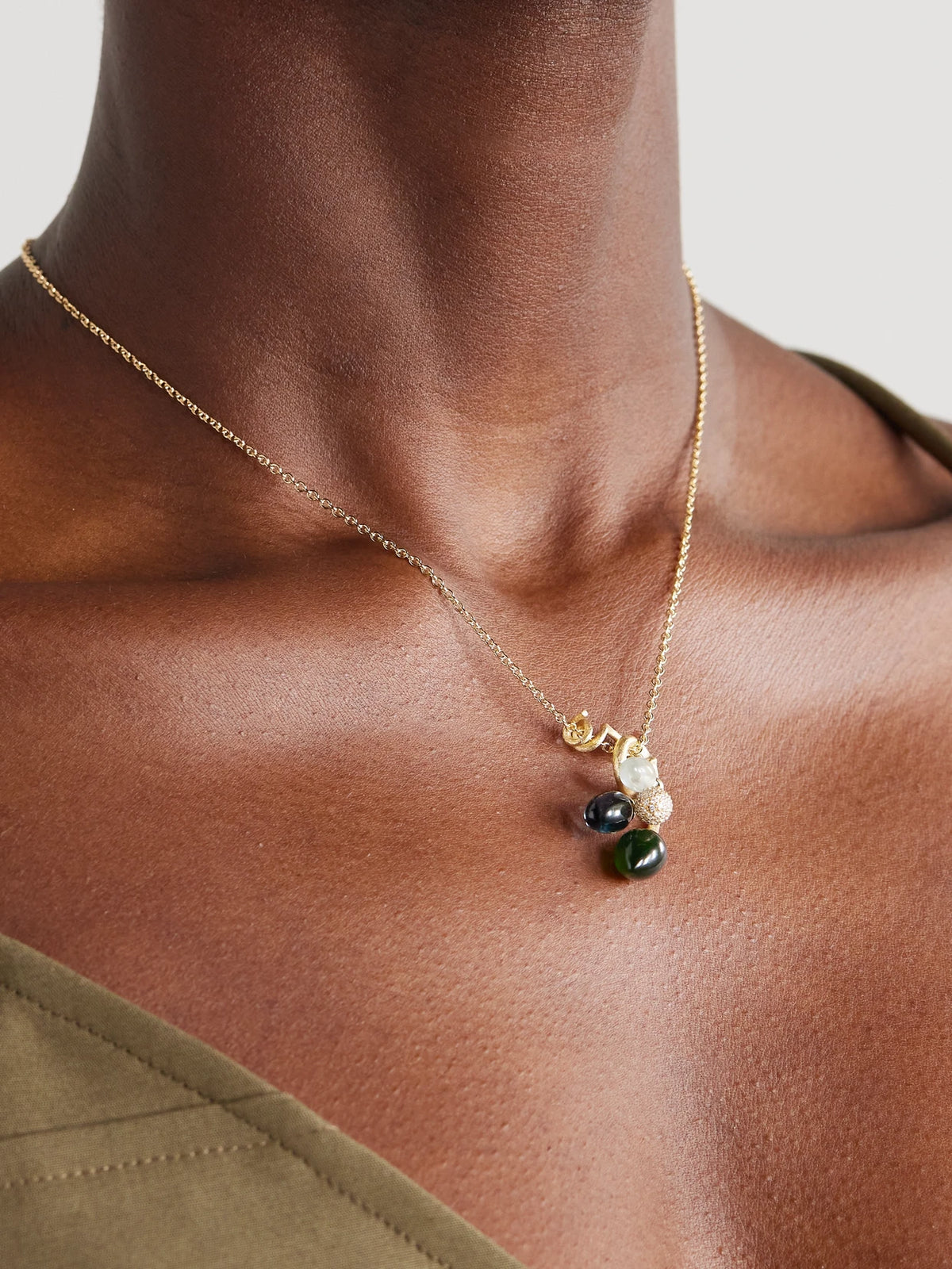 Image of Necklaces. Product name - Lotus Bunch 18-karat Gold Multi-stone Necklace in Multi colour by brand - OLE LYNGGAARD COPENHAGEN