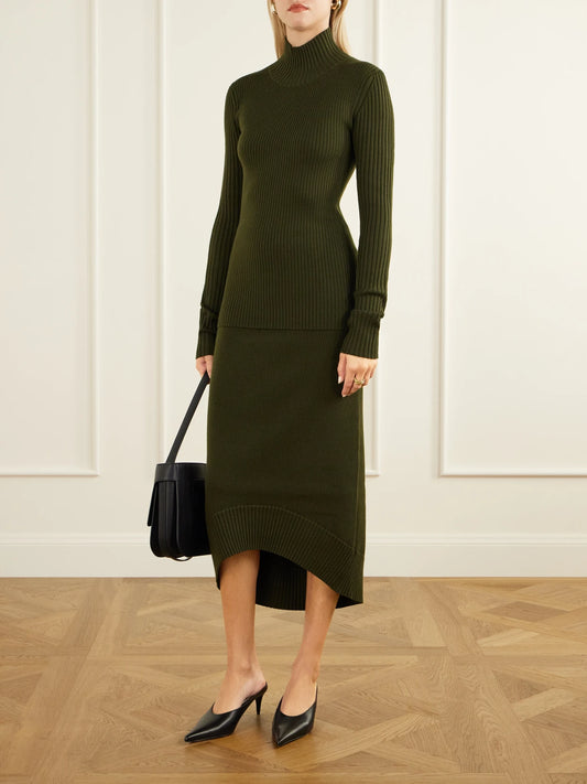 Image of a model wearing Skirts. Product name - Ribbed Wool-blend Midi Skirt in Green colour by brand - Victoria Beckham