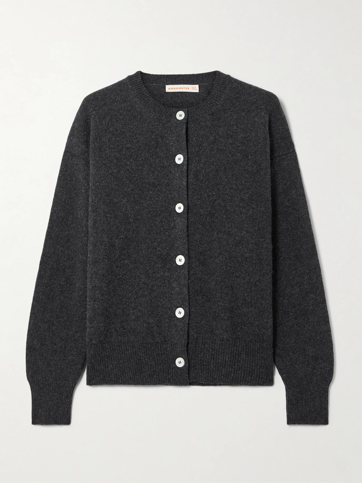 Image of a model wearing Outerwear. Product name - Wool Cardigan in Dark gray colour by brand - &Daughter