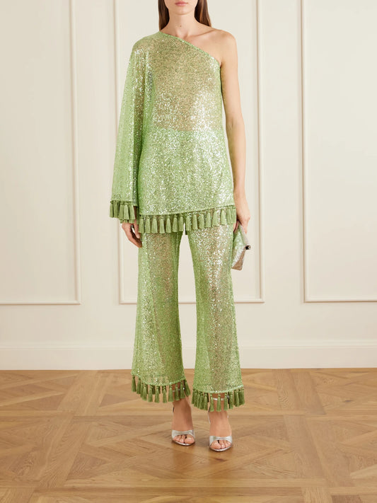 Image of Blouses. Product name - Sequined Fringed Blouse in Green colour by brand - Taller Marmo