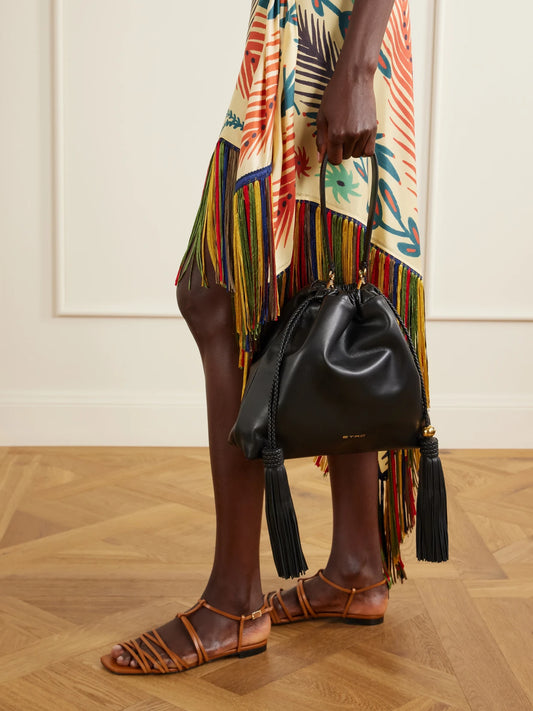 Image of Bags. Product name - Kalispera Tasseled Leather Shoulder Bag in Black colour by brand - Etro