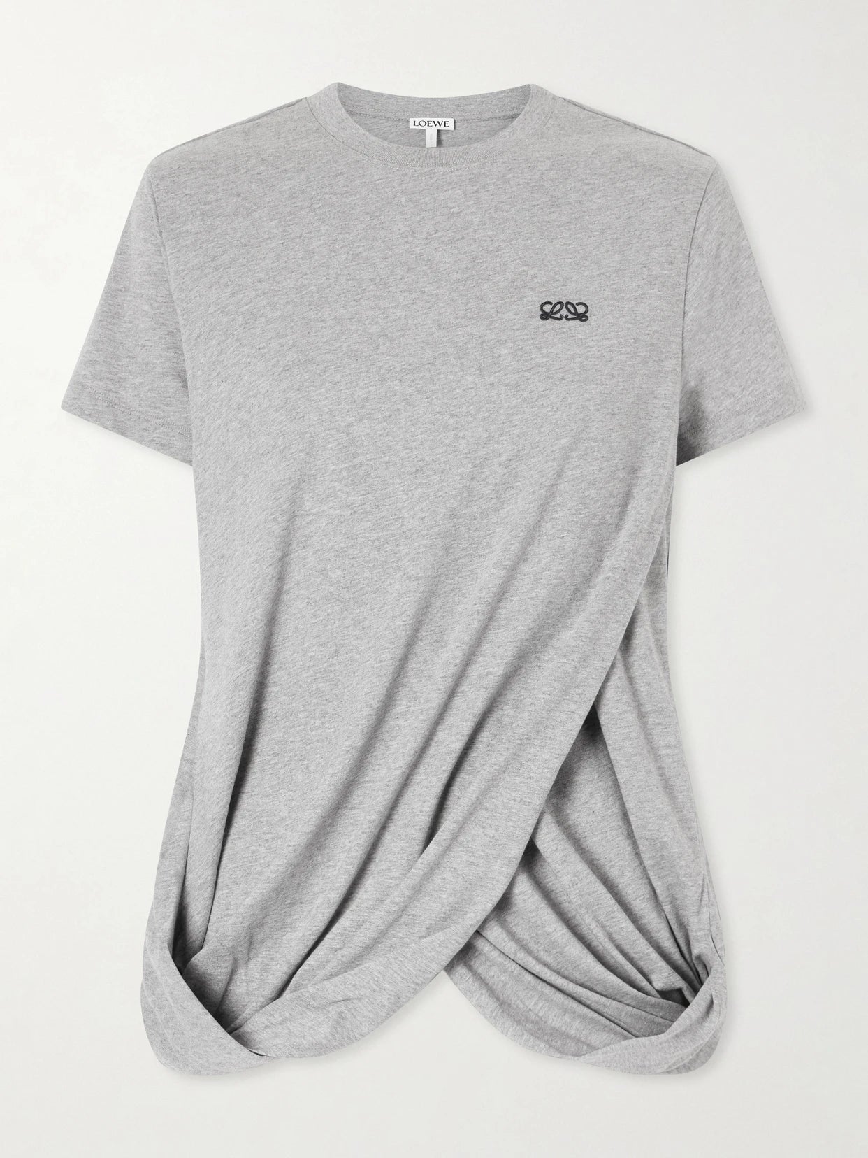 Image of a model wearing Tops. Product name - Anagram-embroidered Draped Cotton-jersey T-shirt in Gray colour by brand - LOEWE