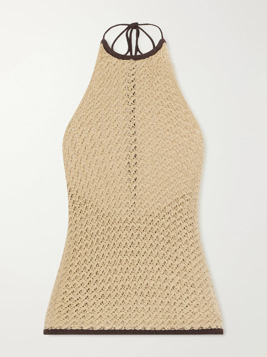 Image of a model wearing Tops. Product name - Ellinor Crocheted Cotton Tank in Beige colour by brand - SIR.