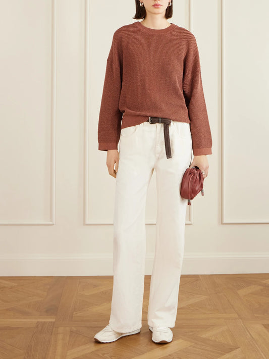Image of a model wearing Outerwear. Product name - Metallic Open-knit Cotton-blend Sweater in Red colour by brand - Brunello Cucinelli
