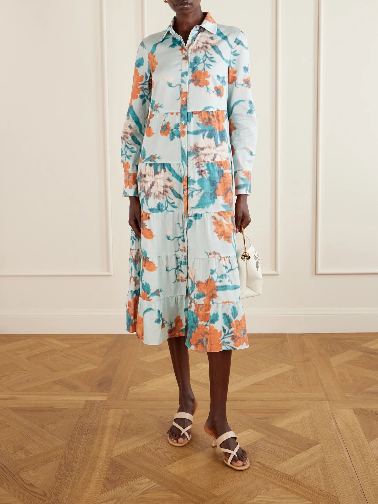 Image of Dresses. Product name - Tiered Floral-print Cotton Midi Dress in Blue colour by brand - Erdem