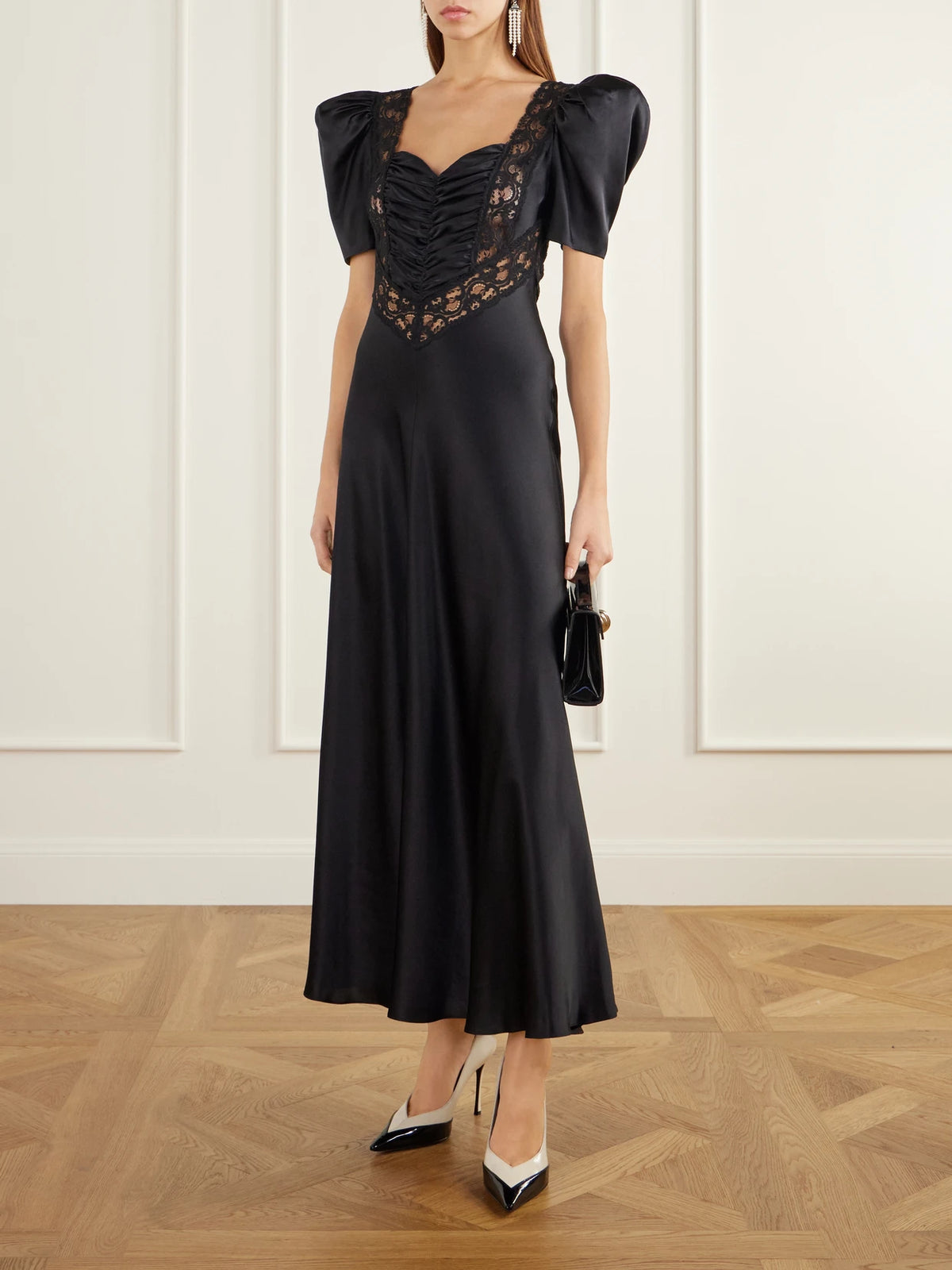 Image of Dresses. Product name - Ruched Lace-trimmed Silk-satin Gown in Black colour by brand - Rodarte