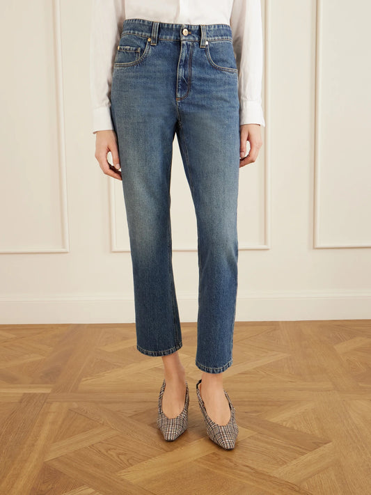 Image of Jeans. Product name - Cropped Bead-embellished Straight-leg Jeans in Light denim colour by brand - Brunello Cucinelli
