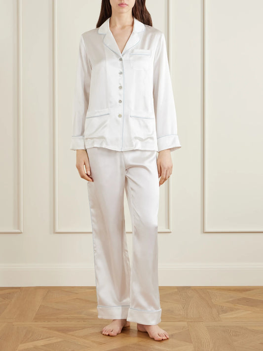 Image of Lingerie. Product name - Coco Silk-satin Pajama Set in Ivory colour by brand - Olivia von Halle