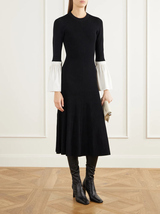 Image of Dresses. Product name - Maelle Ribbed Taffeta-trimmed Jersey Midi Dress in Multi colour by brand - SIMKHAI