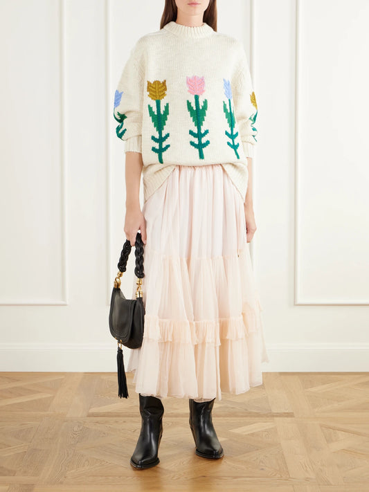Image of a model wearing Outerwear. Product name - Floral-intarsia Wool Sweater in Cream colour by brand - Chloé
