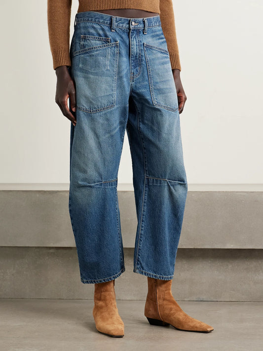 Image of Jeans. Product name - Shon High-rise Barrel-leg Jeans in Mid denim colour by brand - Nili Lotan