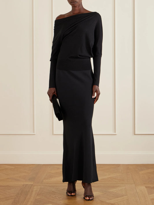 Image of a model wearing Outerwear. Product name - Off-the-shoulder Wool And Silk-blend Top in Black colour by brand - TOM FORD