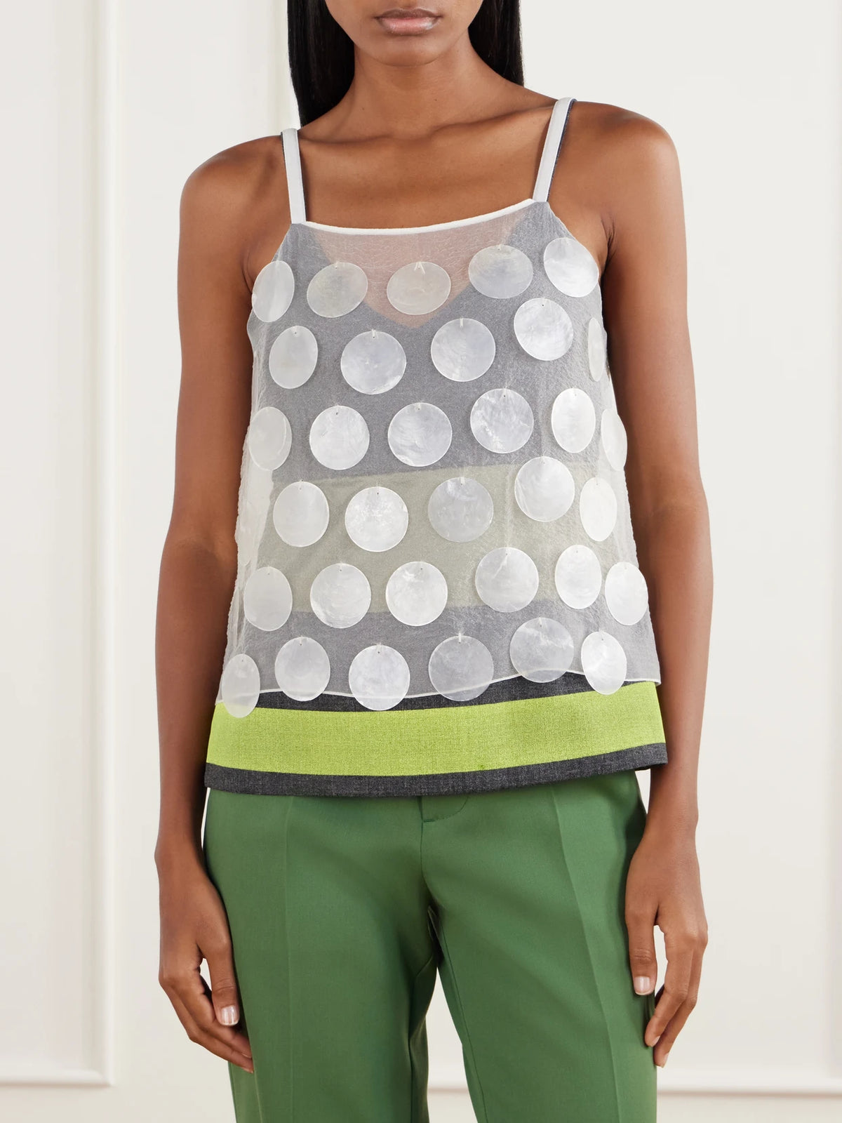 Marni Overlayed Mother Of Pearl-embellished Organza And Wool Cami