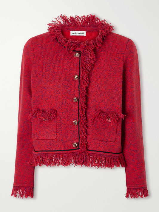 Self-Portrait Cropped Frayed Wool And Cotton-blend Knitted Jacket