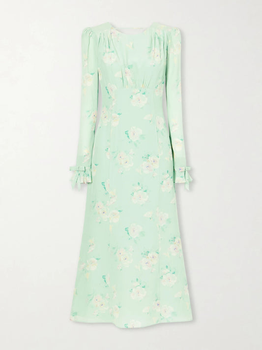Image of Dresses. Product name - Floral-print Silk Midi Dress in Light green colour by brand - Alessandra Rich
