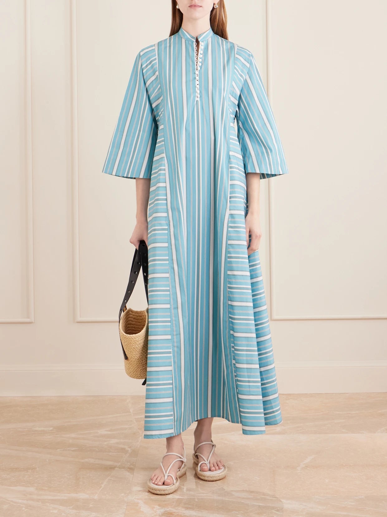Image of Dresses. Product name - Rachel Striped Cotton-poplin Kaftan in Blue colour by brand - Thierry Colson