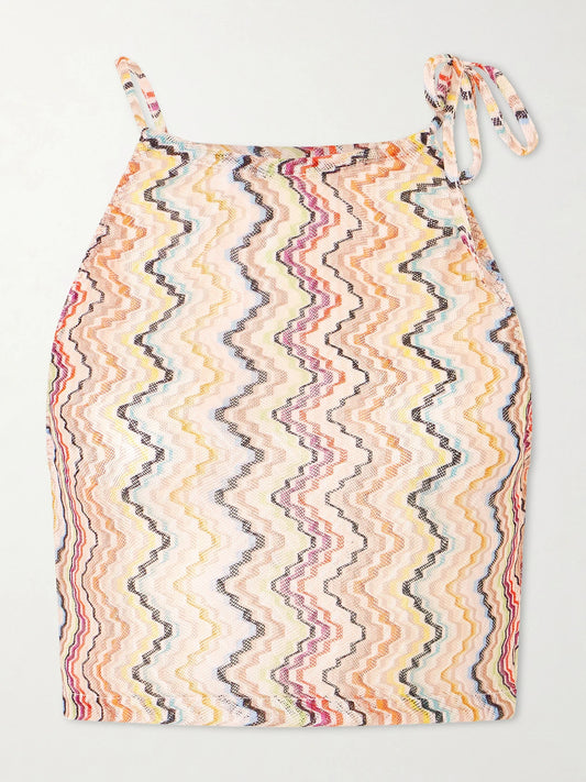 Image of a model wearing Tops. Product name - Cropped Gathered Striped Mesh Halterneck Top in Orange colour by brand - Missoni