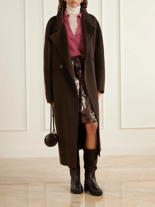 Image of Boots. Product name - Theo 15 Shearling-trimmed Suede And Leather Knee Boots in Dark brown, Black colour by brand - Aeyde