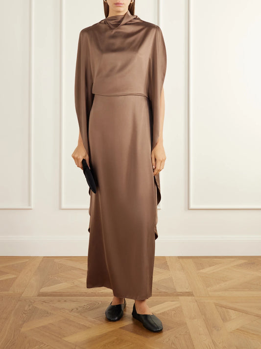 Image of Dresses. Product name - Ikra Cape-effect Draped Silk-habotai Maxi Dress in Brown colour by brand - Ruohan