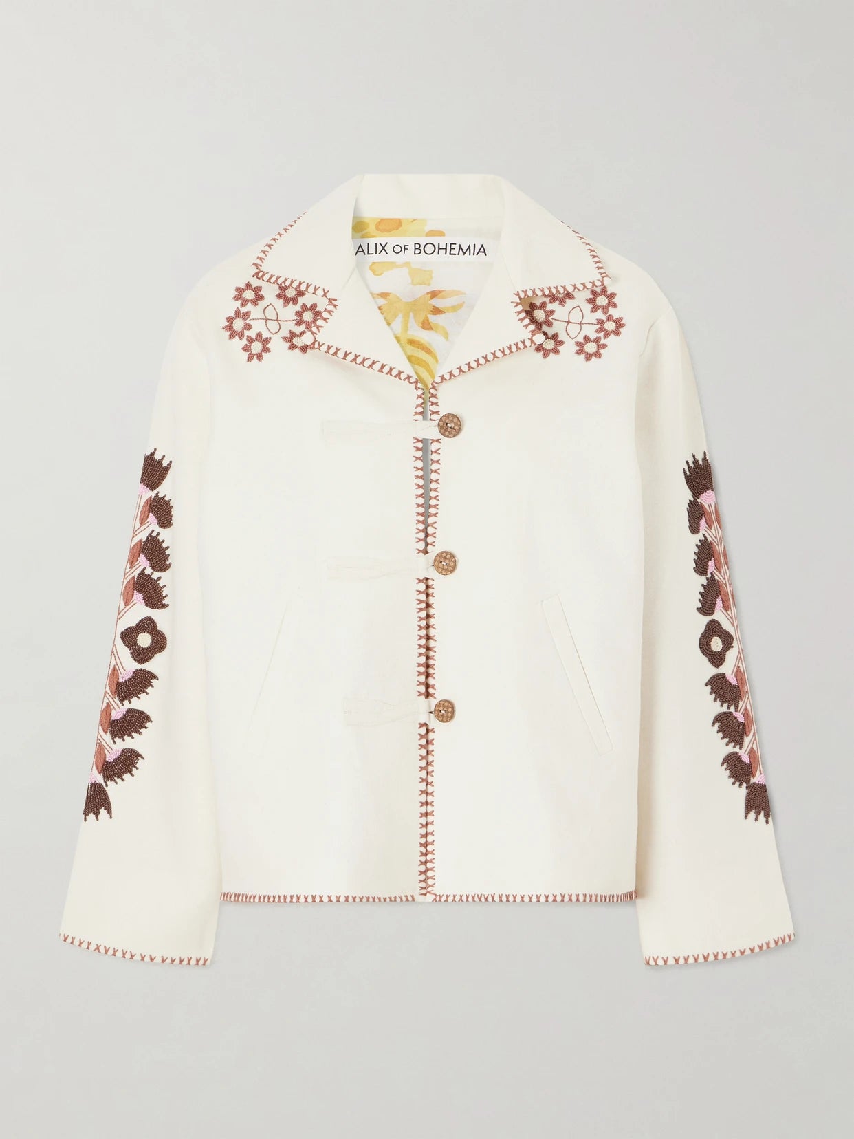 Image of Coats & Jackets. Product name - Western Cactus Bead-embellished Textured-silk Jacket in Off-white colour by brand - ALIX OF BOHEMIA