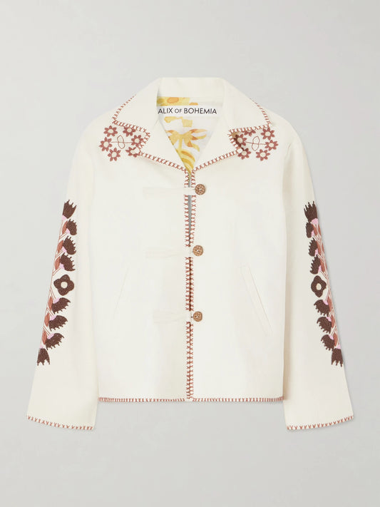 Image of Coats & Jackets. Product name - Western Cactus Bead-embellished Textured-silk Jacket in Off-white colour by brand - ALIX OF BOHEMIA