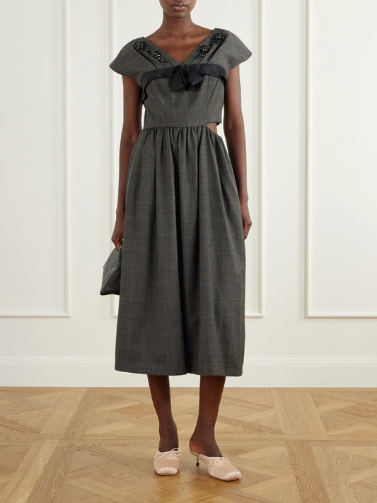 Image of Dresses. Product name - Embellished Gathered Prince Of Wales Checked Wool-blend Midi Dress in Gray colour by brand - Simone Rocha