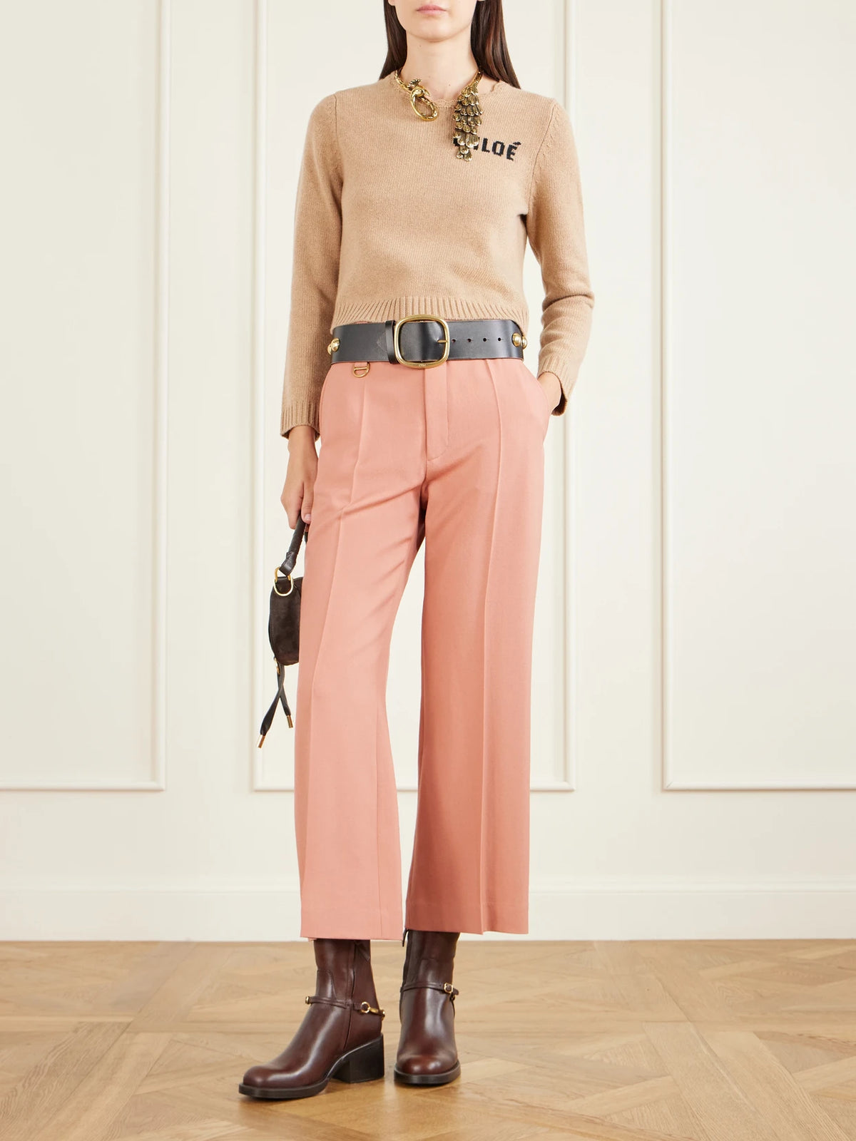 Image of Boots. Product name - Dakota Embellished Leather Ankle Boots in Brown colour by brand - Chloé