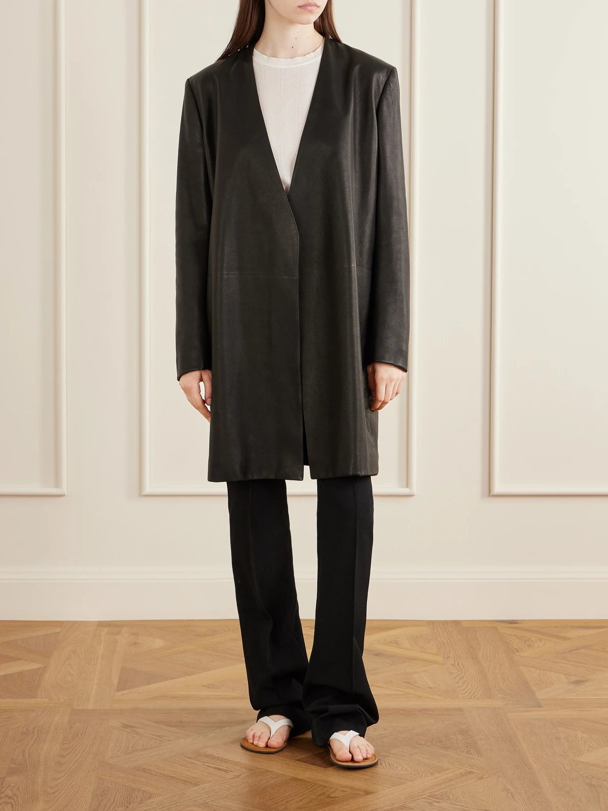 Image of Coats & Jackets. Product name - Clarisa Leather Knee-length Coat in Black colour by brand - The Row