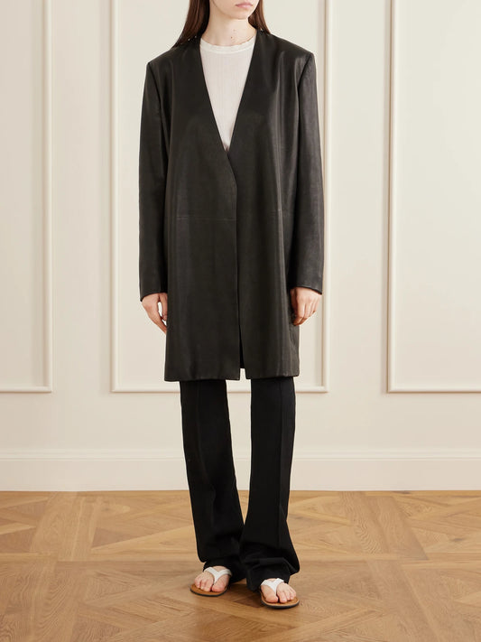 Image of Coats & Jackets. Product name - Clarisa Leather Knee-length Coat in Black colour by brand - The Row