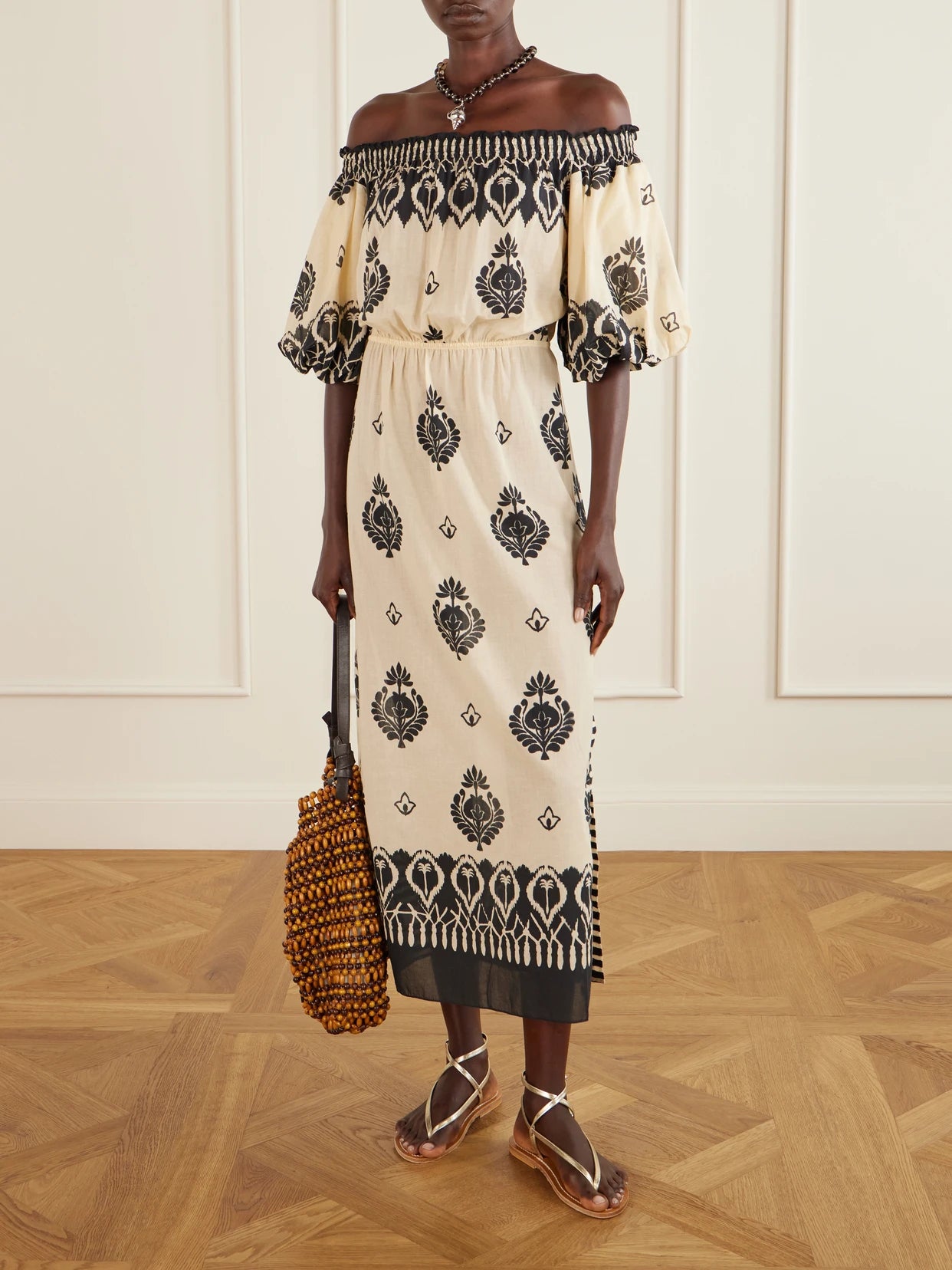 Image of Dresses. Product name - Harbor Hues Off-the-shoulder Ruched Printed Cotton-poplin Midi Dress in Ecru colour by brand - Johanna Ortiz