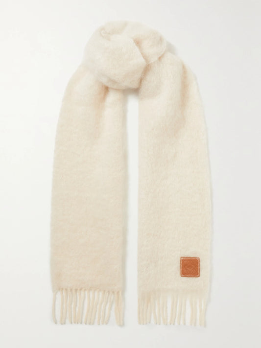 LOEWE Leather-trimmed Fringed Mohair-blend Scarf