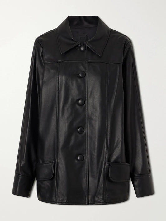 Image of Coats & Jackets. Product name - Paneled Leather Jacket in Black colour by brand - Anna Sui