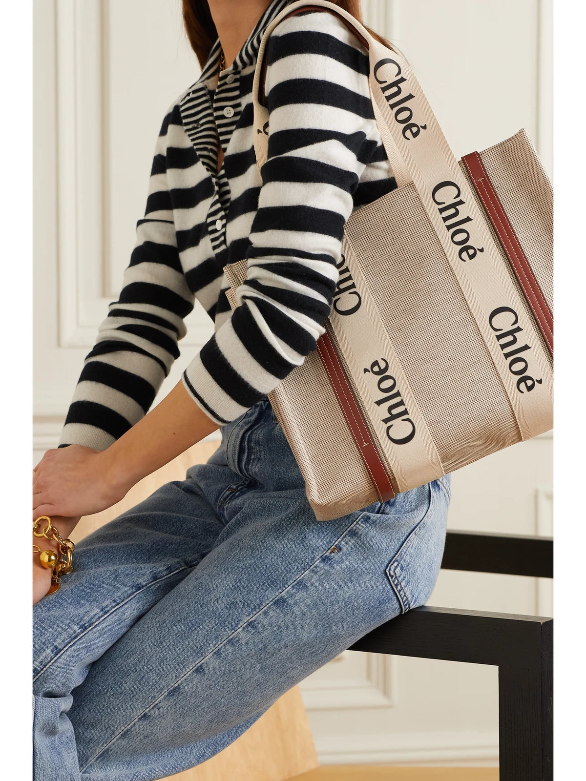 Image of Bags. Product name - Woody Medium Leather And Webbing-trimmed Linen Tote in Brown colour by brand - Chloé