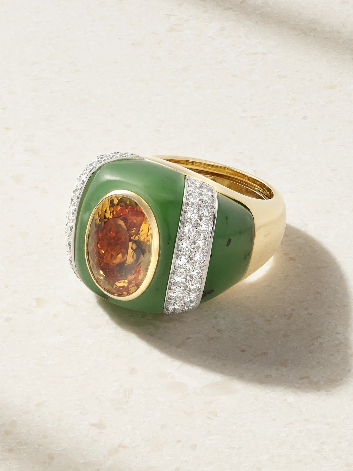 Double Stripe 18-karat Gold And Platinum Topaz, Jade And Diamond Ring