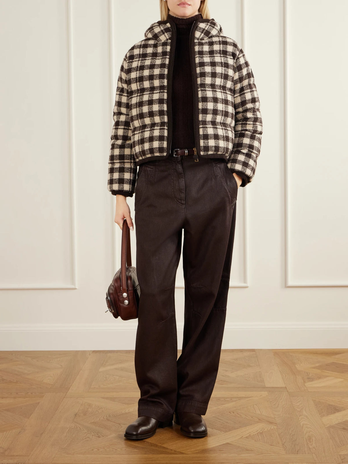 Image of Coats & Jackets. Product name - Abstraction Checked Wool-blend Down Jacket in Dark brown colour by brand - Moncler