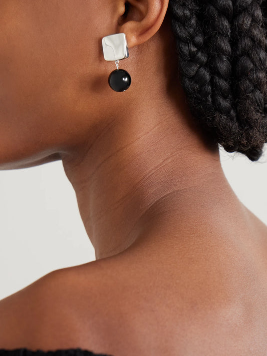 Image of Earrings. Product name - Luca Recycled Sterling Silver Onyx Earrings in Multi colour by brand - AGMES