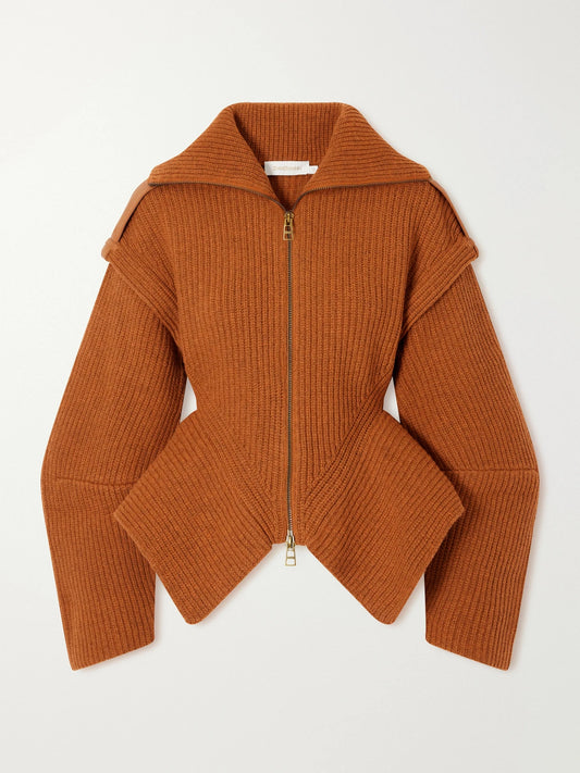 Zimmermann Valiant Leather-trimmed Ribbed Wool-blend Cardigan