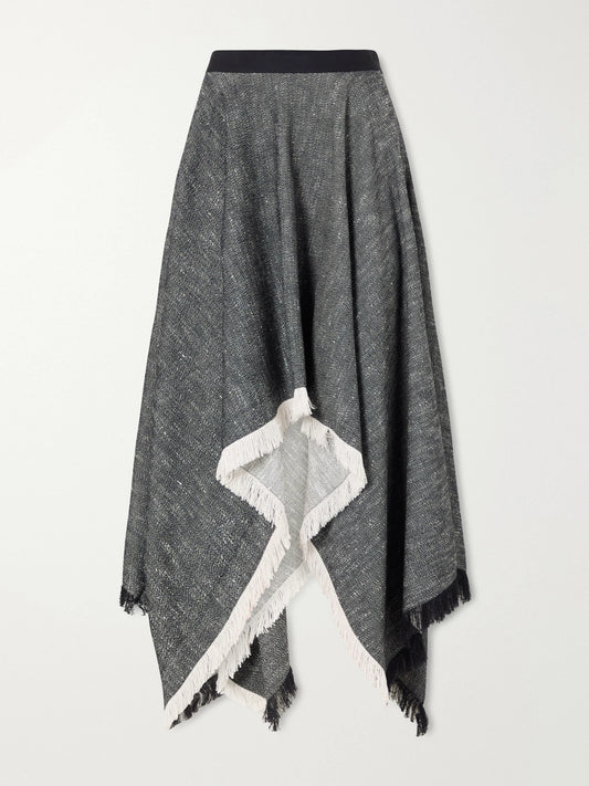 Image of a model wearing Skirts. Product name - Frayed Asymmetric Tweed Midi Skirt in Gray colour by brand - KALLMEYER