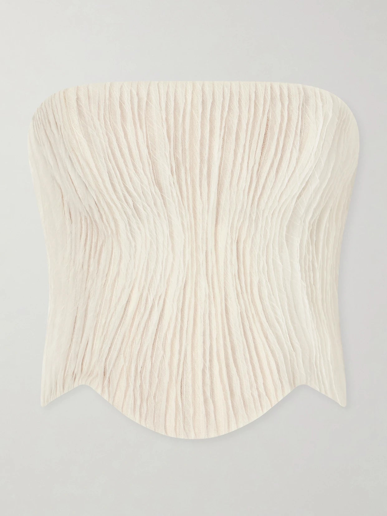 Image of a model wearing Tops. Product name - Anais Crinkled-organza Bustier Top in Off-white colour by brand - Danielle Frankel